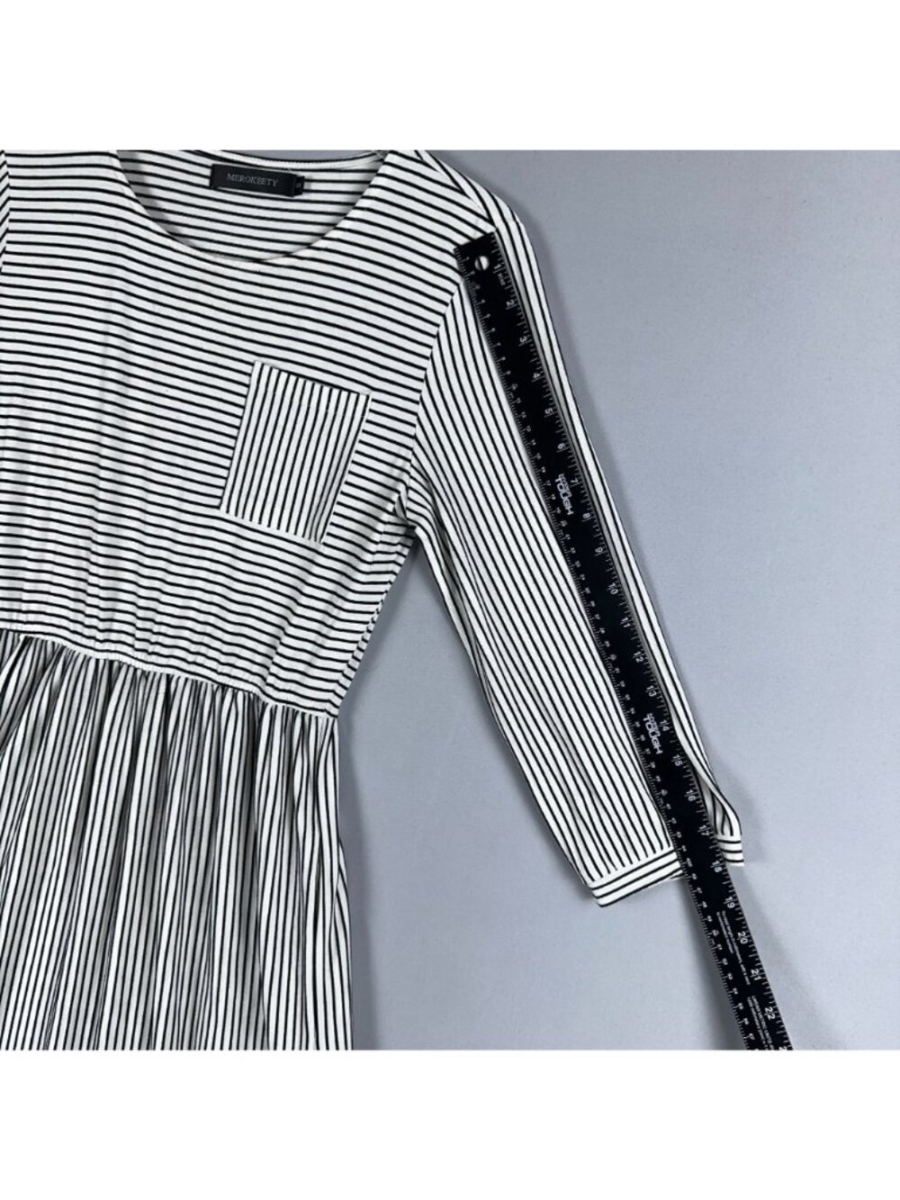 Merokeety Dress Size Small Black White Striped Midi 3/4 Sleeves Chest Pocket - Picture 10 of 12